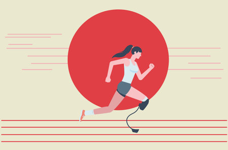 Illustration of a woman running competition with leg prostheses in a blue tank top and blue shorts. Running paralympic athlete flat design illustration.のイラスト素材