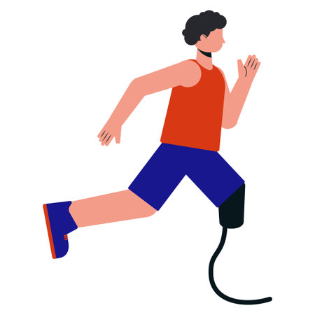 Illustration of abstract man running competition with leg prostheses in a tank top and shorts. Running paralympic athlete flat design illustration.のイラスト素材