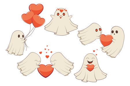 Cute cartoon valentine ghosts with heart illustration.のイラスト素材