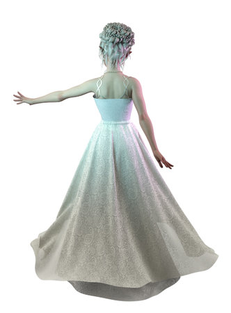 Fantasy elf woman in white ball gown, 3D Illustration.の写真素材