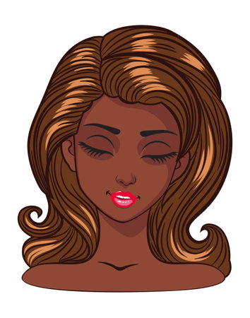 Young cartoon dark skinned woman with big closed eyes, long eyelashes and dark brown hair. Expressive girl, female avatar.のイラスト素材