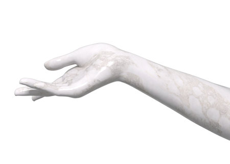 High detail 3D render of the white marble female hand sculpture. Antique marble statue of hand, isolated on white background. 3D illustration.の写真素材