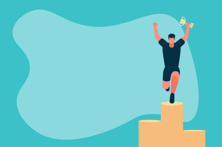 Male athlete happily jumps on pedestal with a golden cup in his hand. Victory concept. Isolated cartoon character. Flat vector color illustration.のイラスト素材