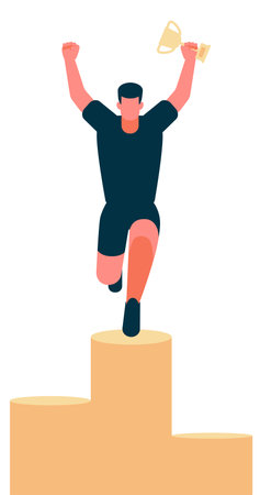 Male athlete happily jumps on pedestal with a golden cup in his hand. Victory concept. Isolated cartoon character. Flat vector color illustration.のイラスト素材