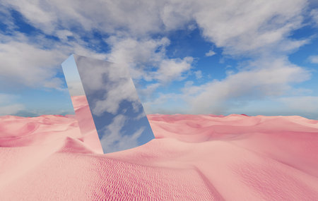 Sandy desert and blue cloudy sky, mirror polygons, 3D Illustration.の写真素材