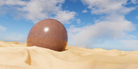 Sandy desert landscape with brown granite ball over blue sky background, 3D Illustration.の写真素材