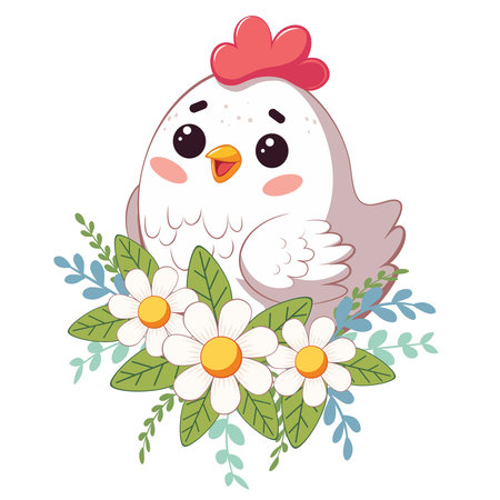 Cute cartoon white chicken, happy kawaii hen illustration.のイラスト素材
