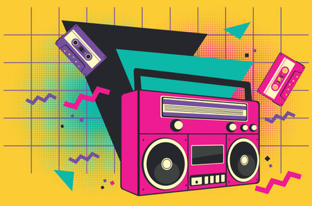 Retro radio recorder, boombox in pink color, simple flat style illustration.