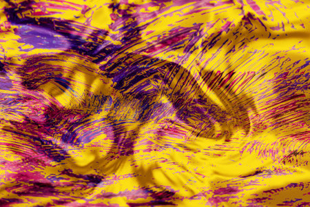 Digital generated yellow gold fluid foil texture with pink strokes as abstract background.