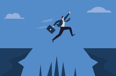 Ambitious businessman in blue suit jump over the cliff, flat illustration.のイラスト素材
