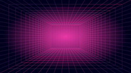 Abstract vibrant neon pink color corridor stretching into the distance. 3D perspective laser grid, converging towards a central point. Cyberspace background with pink mesh. Futuristic digital hallway space in virtual reality.のイラスト素材