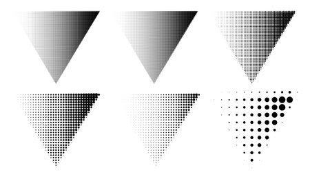Pop art comic style dotted triangle halftone pattern. Abstract dotted triangle, round halftones geometric dots, pop art texture. Illustration halftone effect in triangle shape. Set of design elements.のイラスト素材
