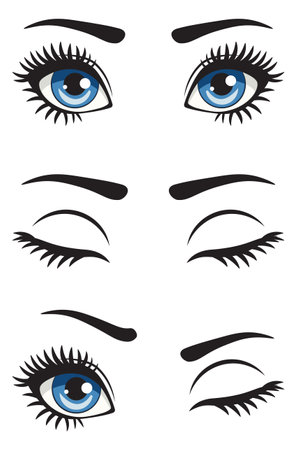 Abstract cartoon big blue eyes with long eyelashes and eyebrows. Open blue eyes, closed eyes and wink expression.のイラスト素材