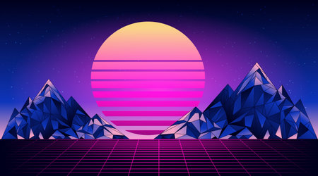 Retro low poly grid landscape with polygonal mountain and sun, vector illustration. 80s style synthwave landscape with neon grid mountains and sun over arcade space background.のイラスト素材