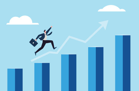 Running or jumping businessman in blue suit and bar graph flat illustration.のイラスト素材
