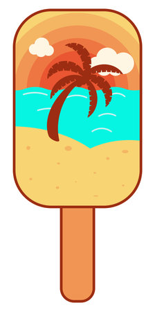 Tropic landscape with palm tree in the ice cream on stick. Beach, palm tree, sea and sun inside of an ice cream.のイラスト素材