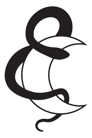 Mystical composition with a snake wriggling around a crescent moon. Boho style and esotericism. Magic illustration for sublimation, posters and prints. Silhouette of serpent and crescent moon.のイラスト素材