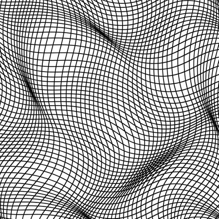 Distorted wave grid monochrome texture. Modern dynamical rippled curve surface background. Technology grid pattern of lines, distorted mesh. Black and white illustration.のイラスト素材