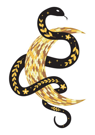 Boho mystical poster with snake and golden crescent moon with floral elements in trendy bohemian occult style. Black and gold colors. Can be used in poster art, sublimation, t-shirt prints.のイラスト素材