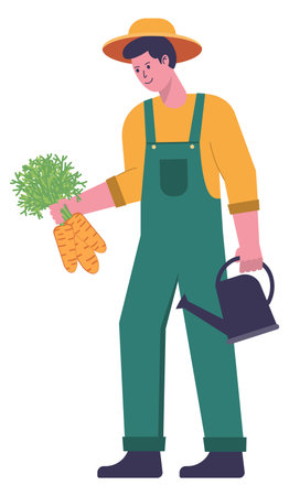 Smiling gardener with watering can and carrots. Concept of environmental protection, planting vegetables, gardening. Flat vector illustration.のイラスト素材