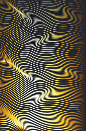 Background with abstract wavy yellow golden lines illustration. Abstract wavy artistic template. Wavy stripes background, simple texture for your design.のイラスト素材