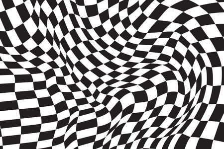 Checkered background with distortion effect. Abstract black and white background, distorted groovy twisted grid. Chessboard surface as abstract banner with distortion.のイラスト素材