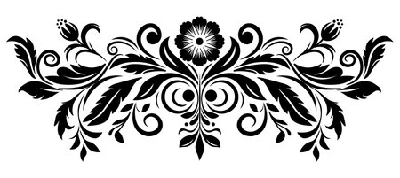 Intricate black and white design with floral elements, flowers and leaves. The monochrome palette, complex floral design, making it an ideal choice for projects seeking a touch of sophistication and artistry.のイラスト素材