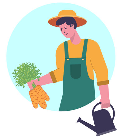 Smiling gardener with watering can and carrots. Concept of environmental protection, planting vegetables, gardening. Flat vector illustration.のイラスト素材