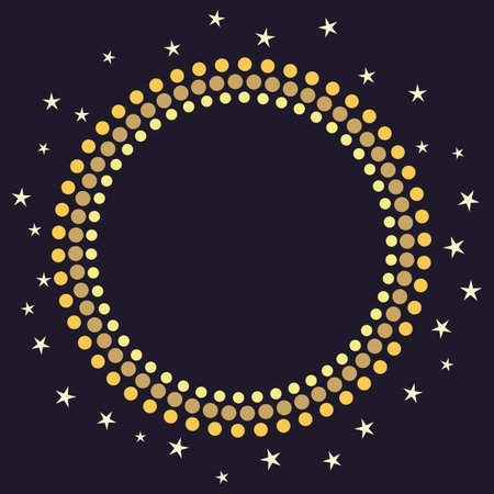 Minimal golden round frame with circles and stars. Vector decorative element, modern geometric frame with circles and stars silhouettes.のイラスト素材
