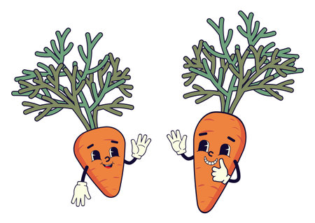 Retro style cute cartoon carrot with green leaves and funny face icon illustration. Two carrots, small and big, cartoon gestures.のイラスト素材