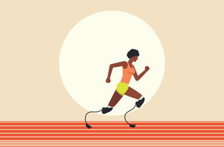 Illustration of a dark skinned woman running competition with leg prostheses in an orange tank top and green shorts. Running paralympic athlete flat design illustration.のイラスト素材