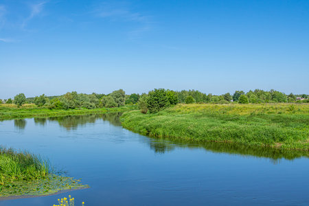 Summer countryside landscape with village and river under blue sky. Rural river with green meadow peaceful landscape.の写真素材