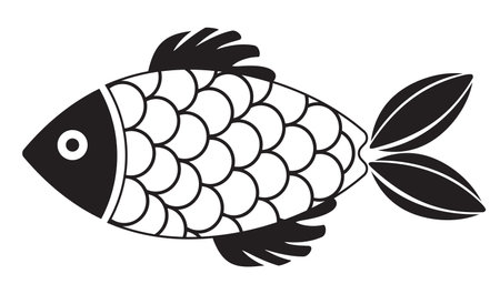 Decorative fish illustration with simple patterns. Abstract decorated black and white fish icon. Stylized, decorative underwater creatures designs. Black geometric fish isolated.のイラスト素材