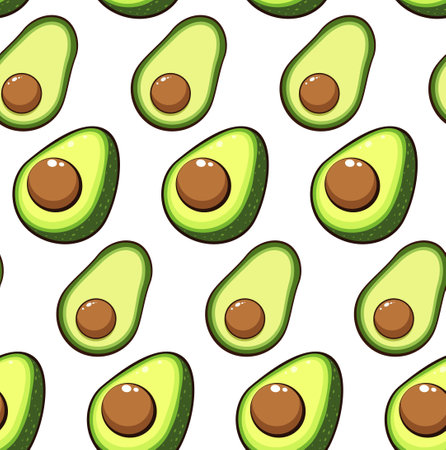 The concept of healthy eating, keto diet. Avocado in cartoon style seamless pattern. Flat vector illustration for print fabric design.のイラスト素材