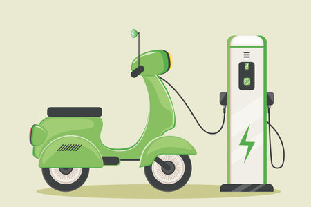 Ecological city transport illustration. Electric scooter of green color charged from charging station. Cartoon green scooter, alternative energy concept design.のイラスト素材