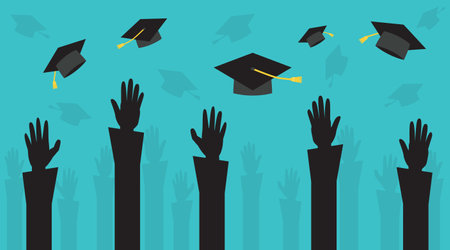 Graduation, getting education and learning concept. Silhouettes of hands of students university graduates throwing graduation hats in air, celebrating graduation, abstract illustration.のイラスト素材
