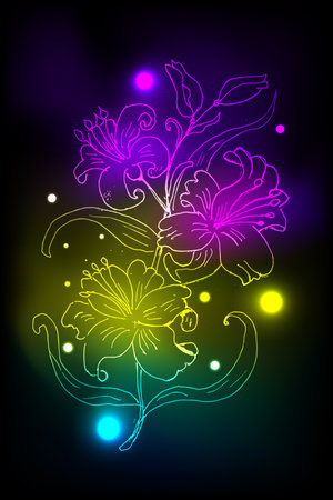 Blooming branch of lilium flower. Floral illustration, hand drawn linear doodle rough sketch. Glowing neon background and lily flowers.のイラスト素材
