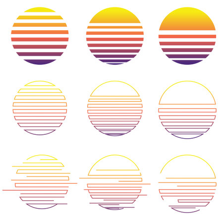 Decorative geometric striped yellow sun. Abstract retro illustration design. Set of striped sun illustration.のイラスト素材