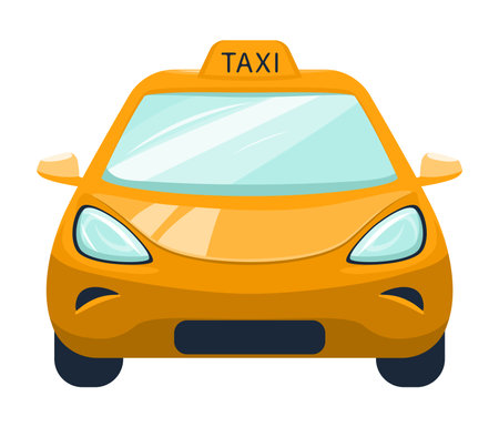 Detailed yellow taxi car, taxi icon, vector illustration in simple flat style. Taxicab transport clip art isolated on white backgroundのイラスト素材