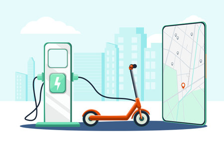 Electric red scooter and charging station, city buildings in the distance, smartphone, urban landscape background. Kick scooter charging and sharing service concept vector illustration.のイラスト素材