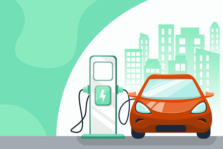 Electric red car at charging station, city buildings in the distance, landscape urban background. Ecologically clean transport, sustainable development.のイラスト素材