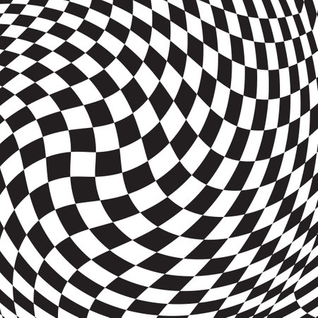 Checkered background with distortion effect. Abstract black and white background, distorted groovy twisted grid. Chessboard surface as abstract banner with distortion.のイラスト素材