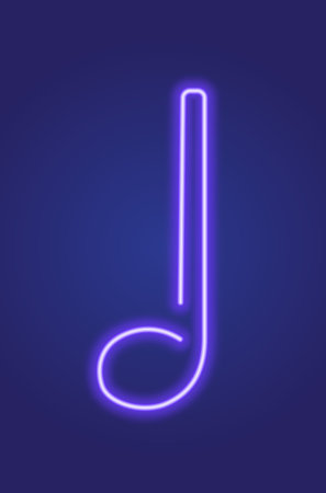 Neon glowing icon of violet musical note. Vector illustration of music note consisting of neon outlines. Music concept illustration for logo, poster, flyer or banner design.のイラスト素材