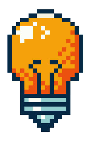 Old light bulb in pixel art style simple icon. Retro 8 bit gaming flat pixel art style, modern...