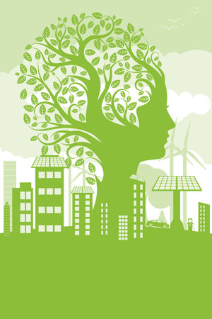 Green silhouette of city buildings, big tree in a shape of a human head, wind turbines and solar battery. ESG concept illustration. Urban life in abstract cartoon style.のイラスト素材