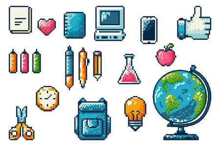 Abstract back to school supplies pixelated icons. Retro 8 bit pixel art icon set, university, education items.のイラスト素材