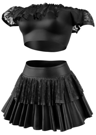 Gothic black top and skirt with lace raffles on invisible mannequin. Female fashion, black gothic outfit, 3D Illustration.の写真素材