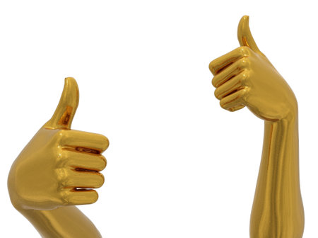 3D rendering of golden metal female hands sculpture. Shiny metallic hand gesture. Abstract fashion concept, object display background. 3D Illustrationの写真素材