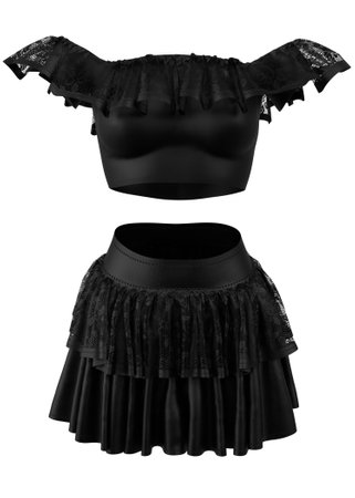 Gothic black top and skirt with lace raffles on invisible mannequin. Female fashion, black gothic outfit, 3D Illustration.の写真素材