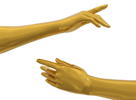 3D rendering of golden metal female hands sculpture. Shiny metallic hand gesture. Abstract fashion concept, object display background. 3D Illustrationの写真素材